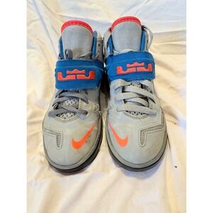 Nike LeBron James Kids High Top Basketball Shoes Gray Orange Blue Strap Sz